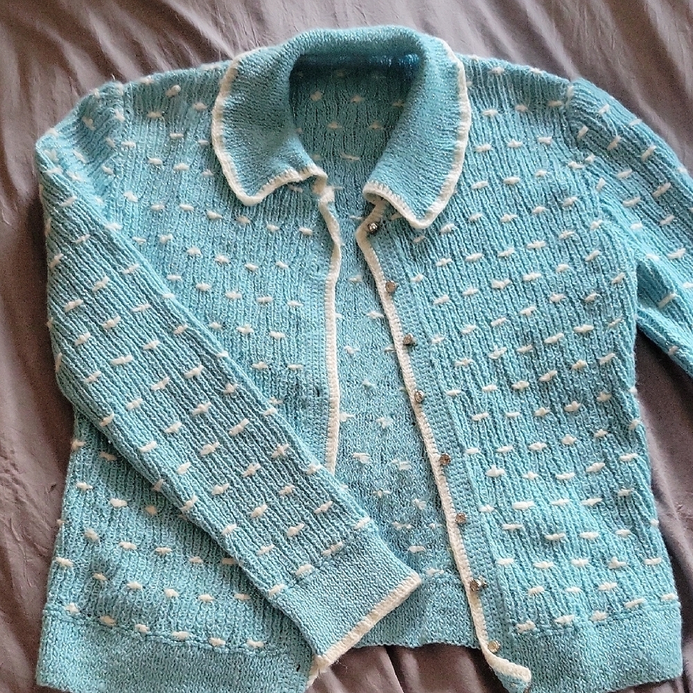 Vintage Blue Knit Cardigan with White Trim